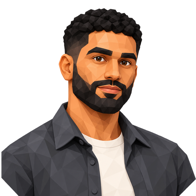 Hamza Hassene, smiling low-poly portrait