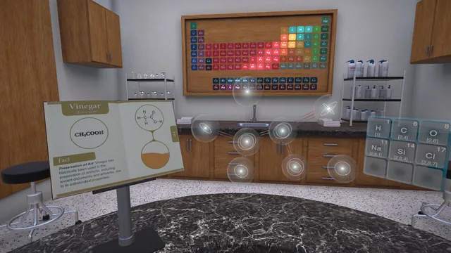 Virtual chemistry lab with a periodic table and floating atomic structures.