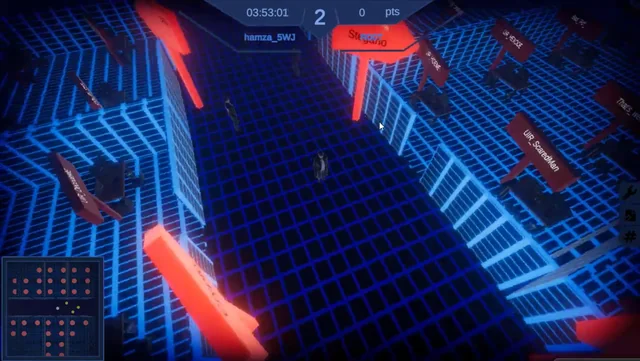 Blue-grid CTF game arena with red challenge markers and player avatars.
