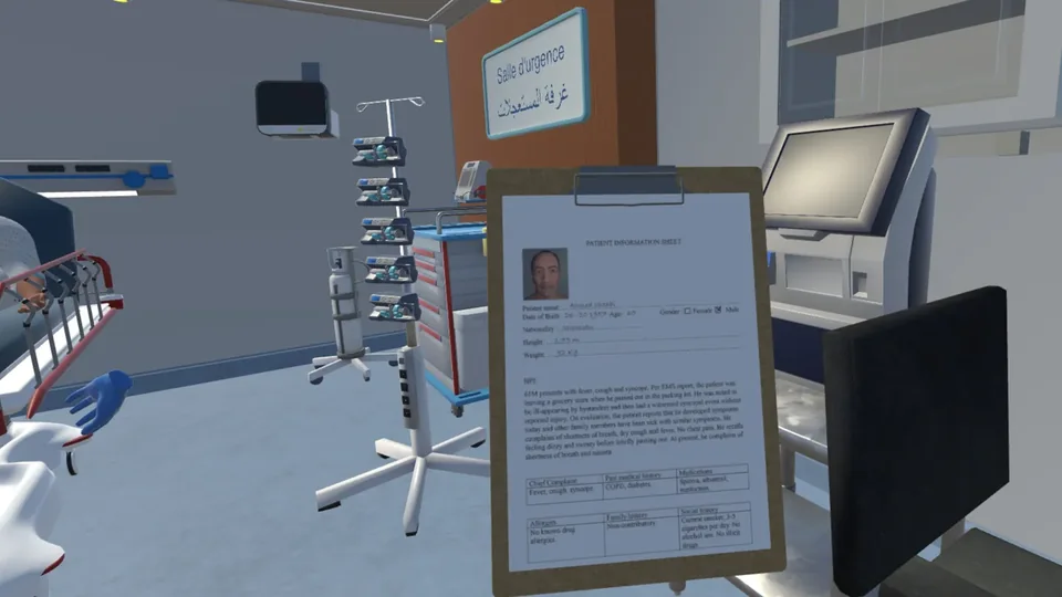 Patient information clipboard held in the virtual emergency room in Emergencia VR.