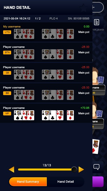 FullStars hand history showing cards and player outcomes.