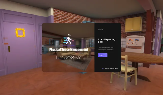 Physical Space Management start interface with Unbox VR branding inside a virtual apartment.