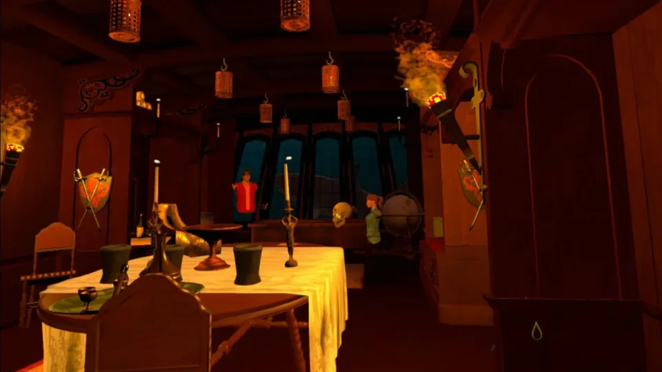 Cooperative escape-room environment with a table, props and player avatars in The Curse of Topaz.